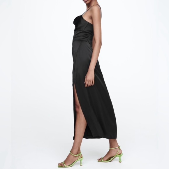Zara Women’s High Slit Black Satin Corset Midi Dress - Picture 2 of 12
